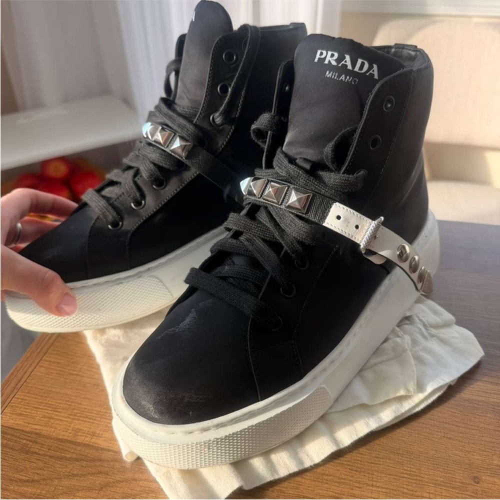 Prada Black and White Platform High-Top Sneakers - Picture 2 of 8